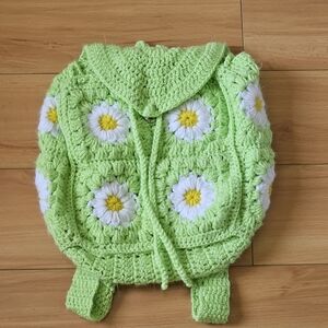 Handmade Green Crochet Backpack with Floral Design